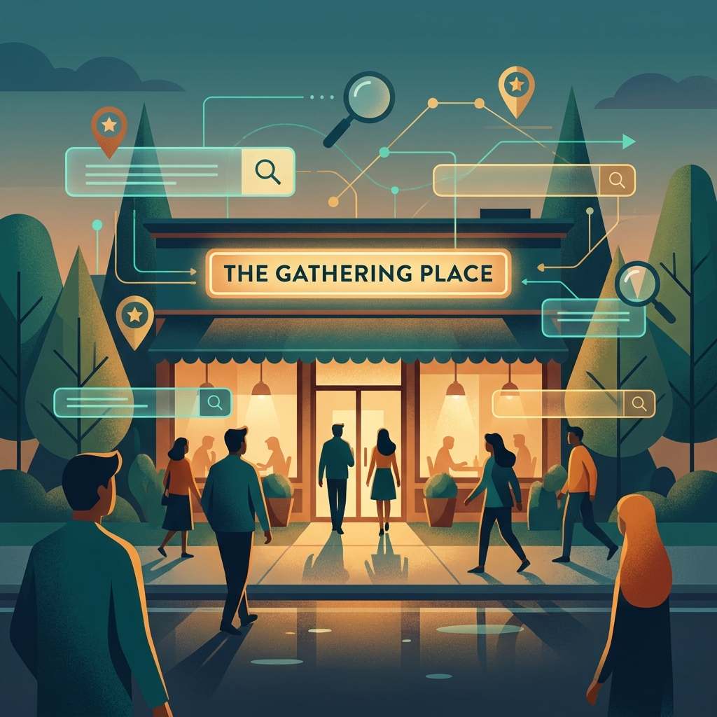 Stylized illustration of a restaurant storefront with digital search discovery elements for SEO content for restaurant businesses