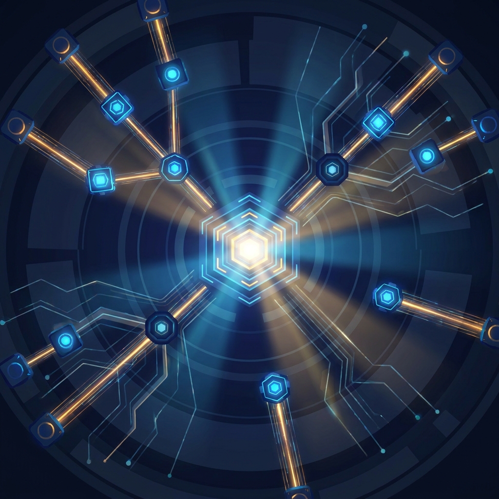 Competitor content analysis automation workflow visualized as converging data streams in a glowing intelligence hub