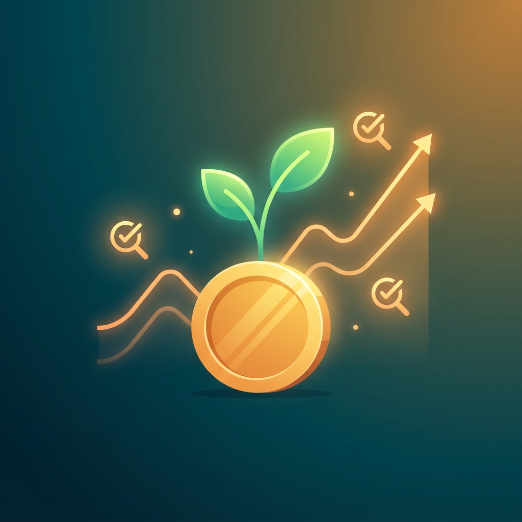 Seedling growing from a gold coin with rising graph lines, symbolizing SEO growth on a small marketing budget