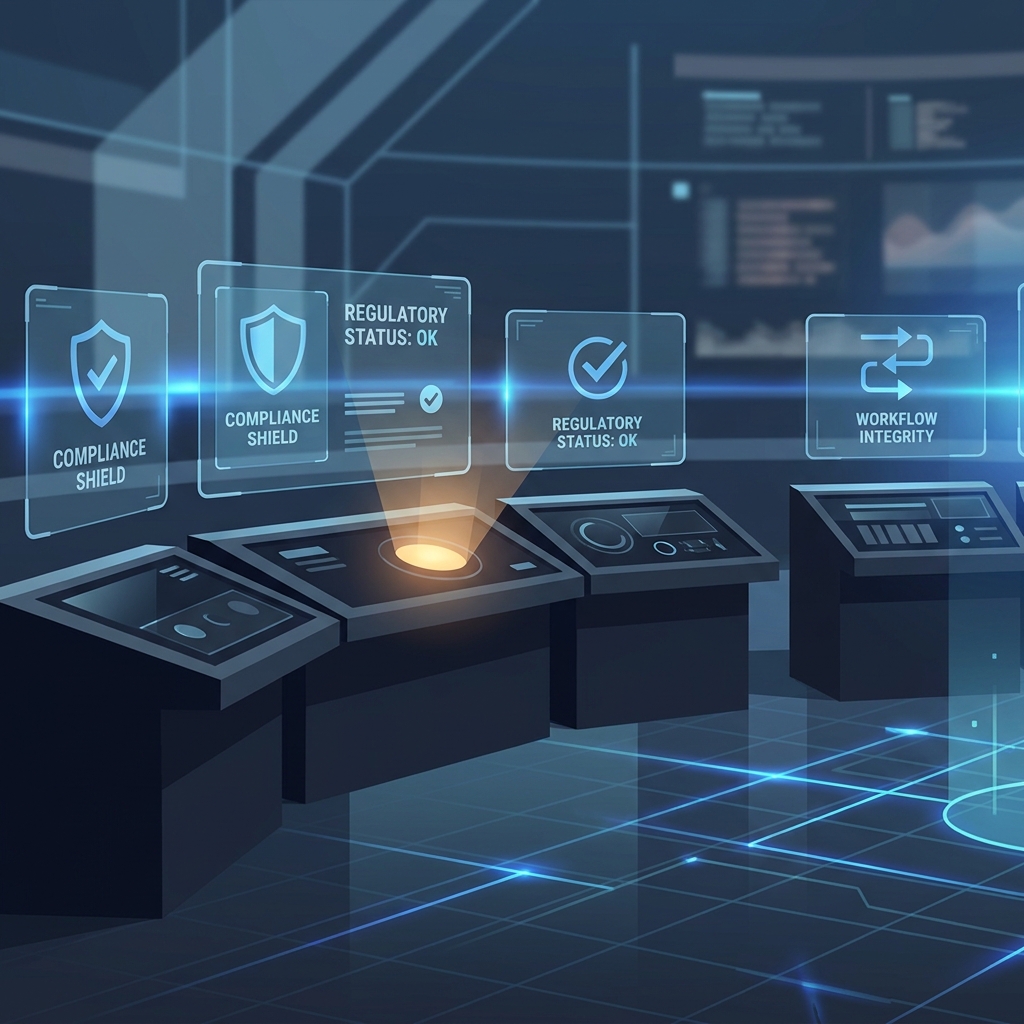 Stylized illustration showing structured AI compliance frameworks for regulated industries with glowing data pathways