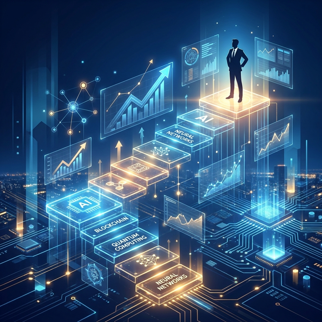 Illustration showing staged progression up glowing steps, representing how to advance AI maturity in your marketing team