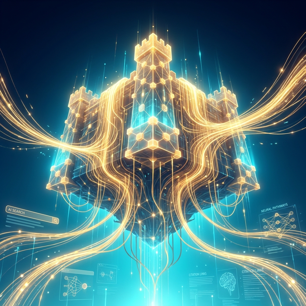 Glowing digital fortress representing AI competitive SEO advantage and citation authority moat strategy