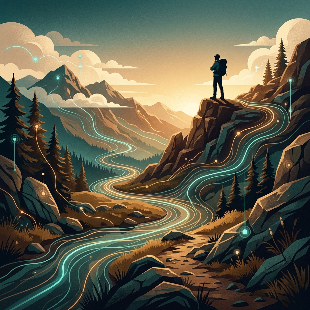 Stylized illustration of hiker at mountain summit with glowing content ecosystem overlay for outdoor gear content marketing