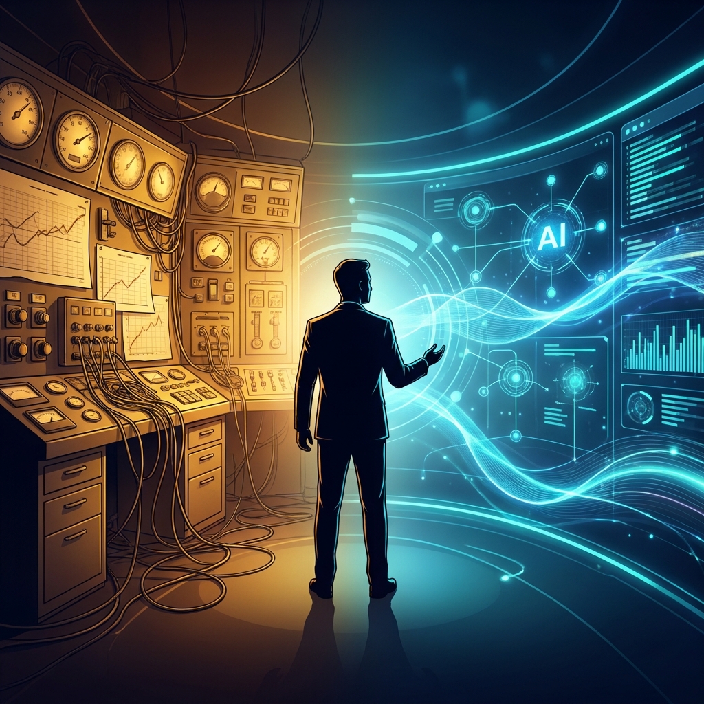 Professional transitioning from manual SEO to AI automation at a futuristic glowing dashboard