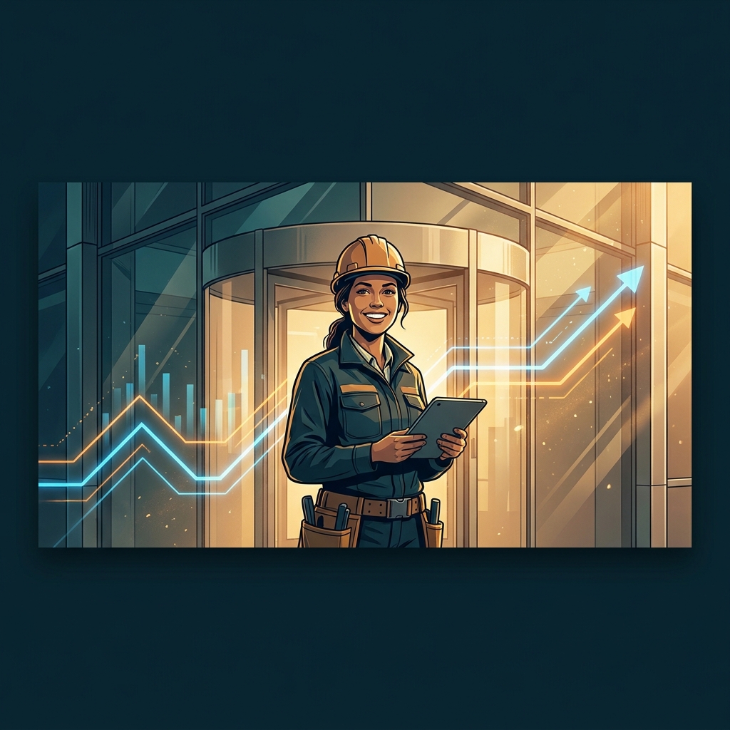 SEO content for trade schools and vocational programs illustrated by a tradesperson at a modern training facility with digital growth elements
