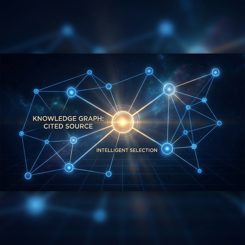 Glowing entity node highlighted in a neural network graph, representing how to get cited in Google AI Overviews