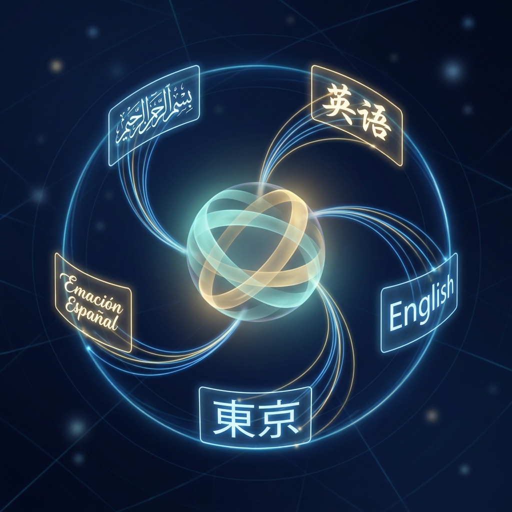 AI content platform with multilingual support visualized as a glowing hub connecting global language networks