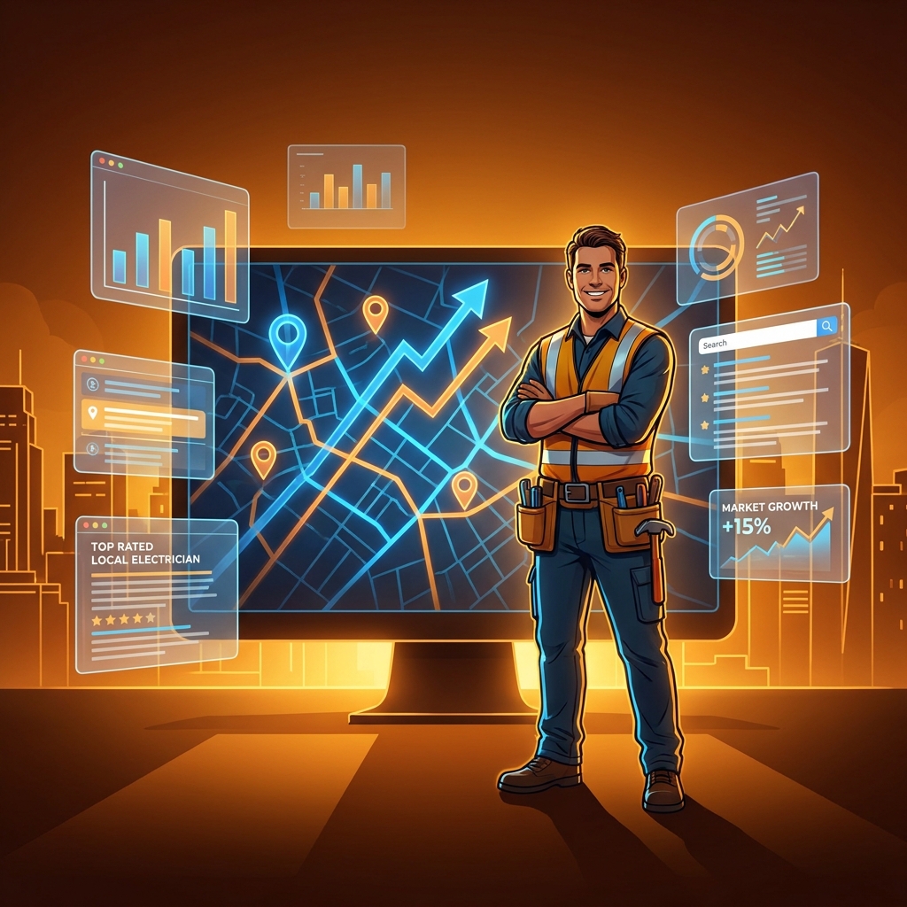 Electrician surrounded by local search data and city map representing SEO content strategy for electrical contractors