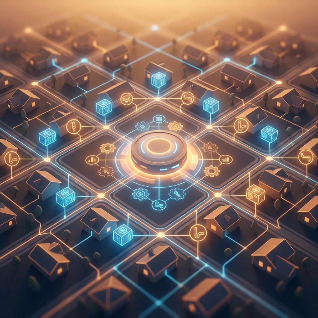 Automated local SEO network connecting home service businesses across a neighborhood illustrated as glowing digital grid