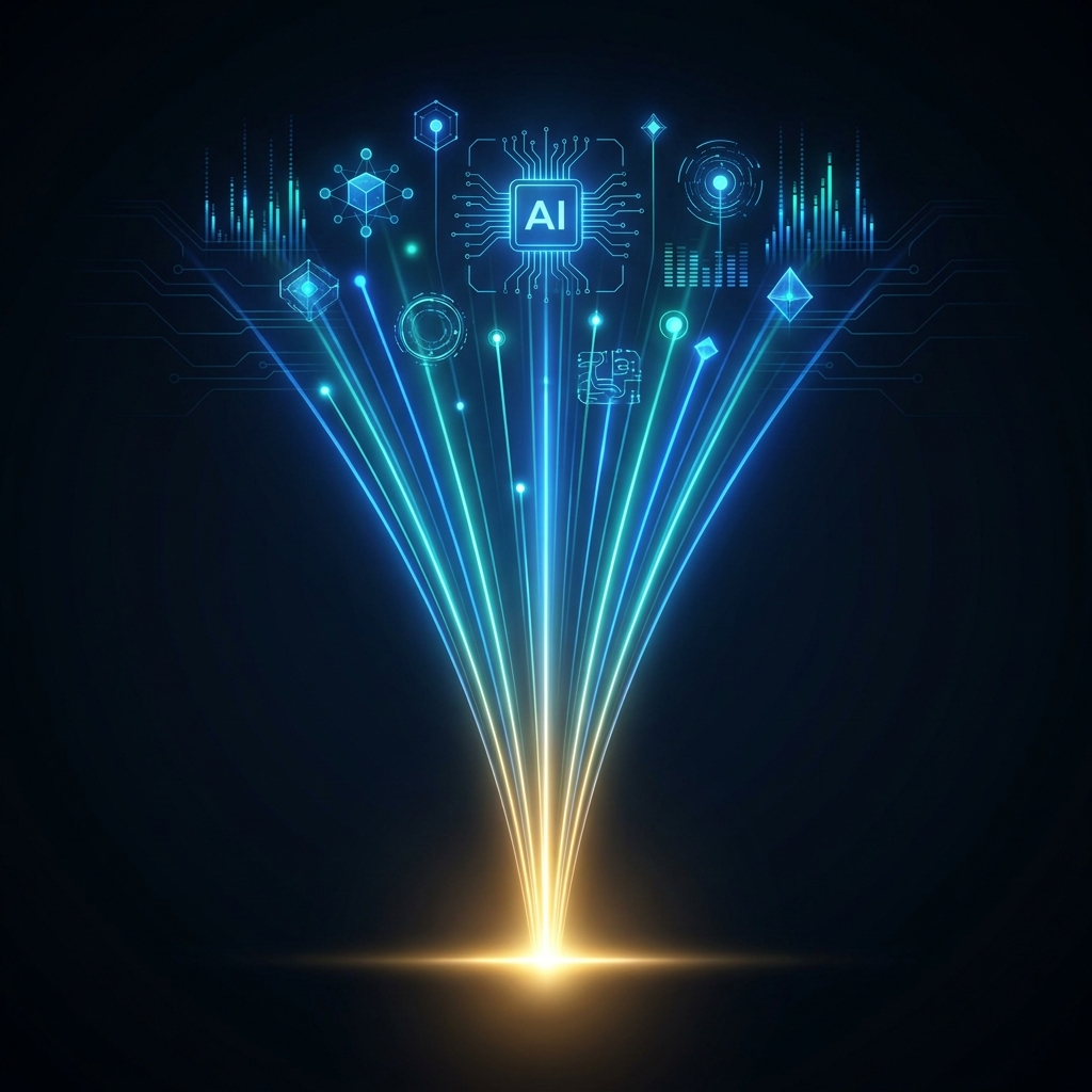 Glowing AI-powered funnel illustration showing how AI content converts visitors to leads through pre-qualification