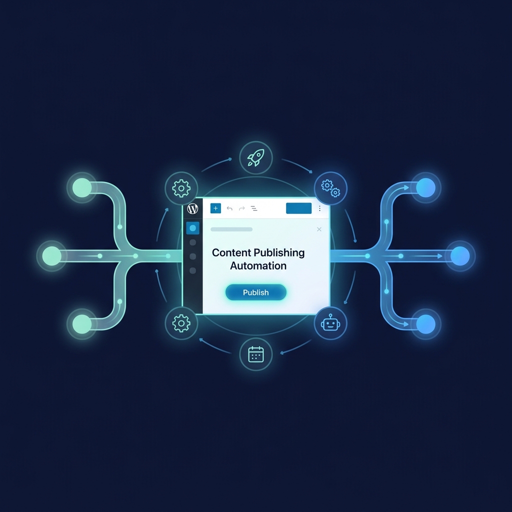 Glowing automated WordPress publishing workflow dashboard illustration representing how to automate WordPress blog publishing