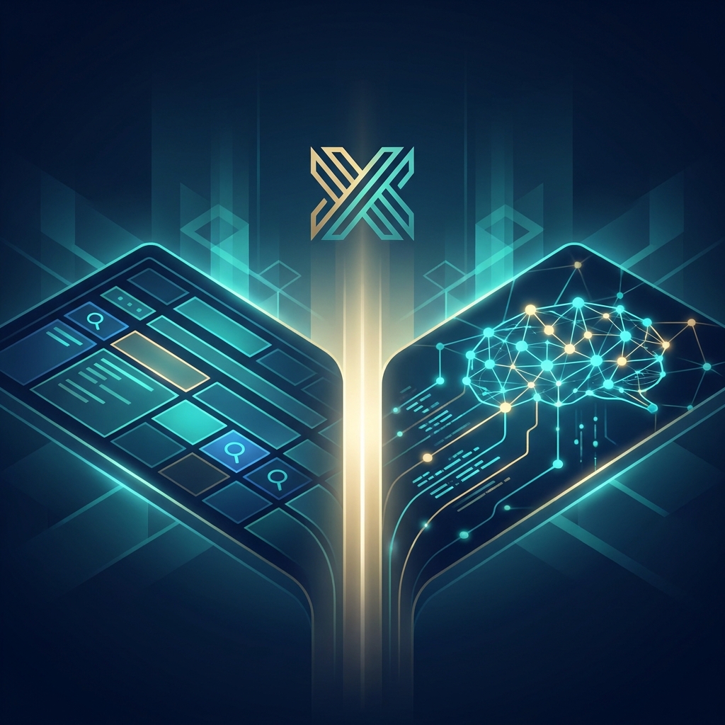 Dual-surface content marketing for brand authority building across search and AI platforms illustrated with glowing light beams