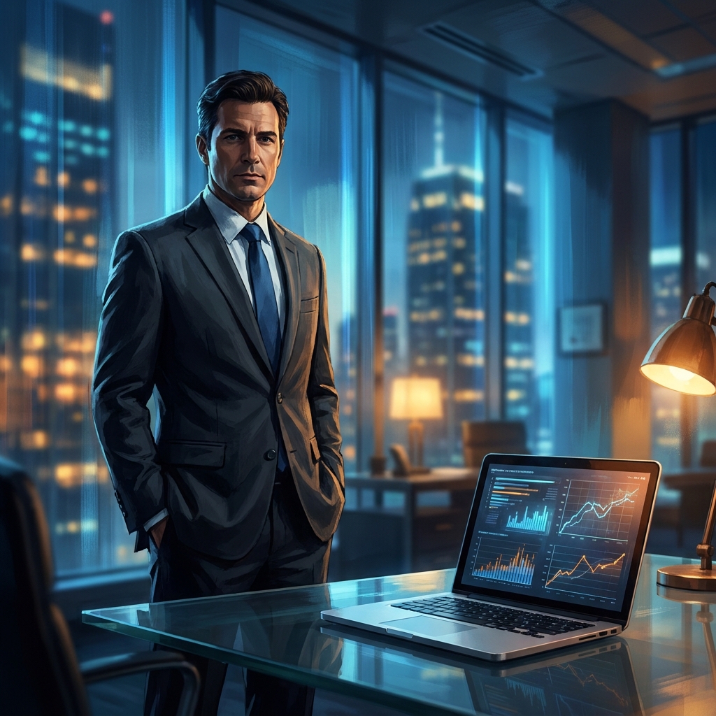 Criminal defense attorney with content marketing analytics dashboard, representing digital client acquisition strategy