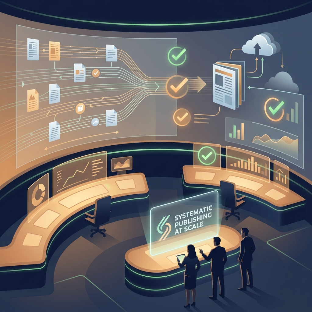 Stylized illustration of a compliance-driven SEO content workflow dashboard for regulated industries