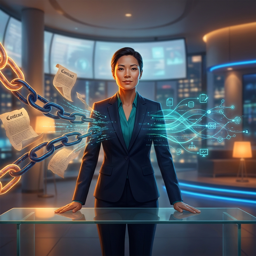 Professional transitioning from SEO agency contract to AI automation platform, depicted as glowing digital workflow