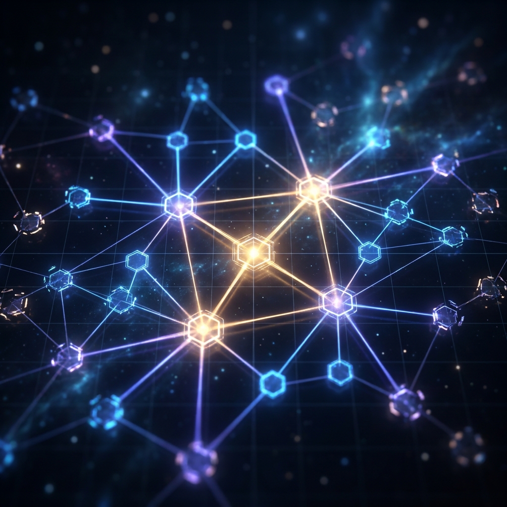 Schema markup automation for SEO content shown as a glowing interconnected entity graph with validated nodes