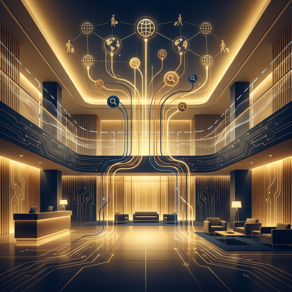 AI content platform for hospitality marketing connecting hotels directly to travelers through glowing data streams