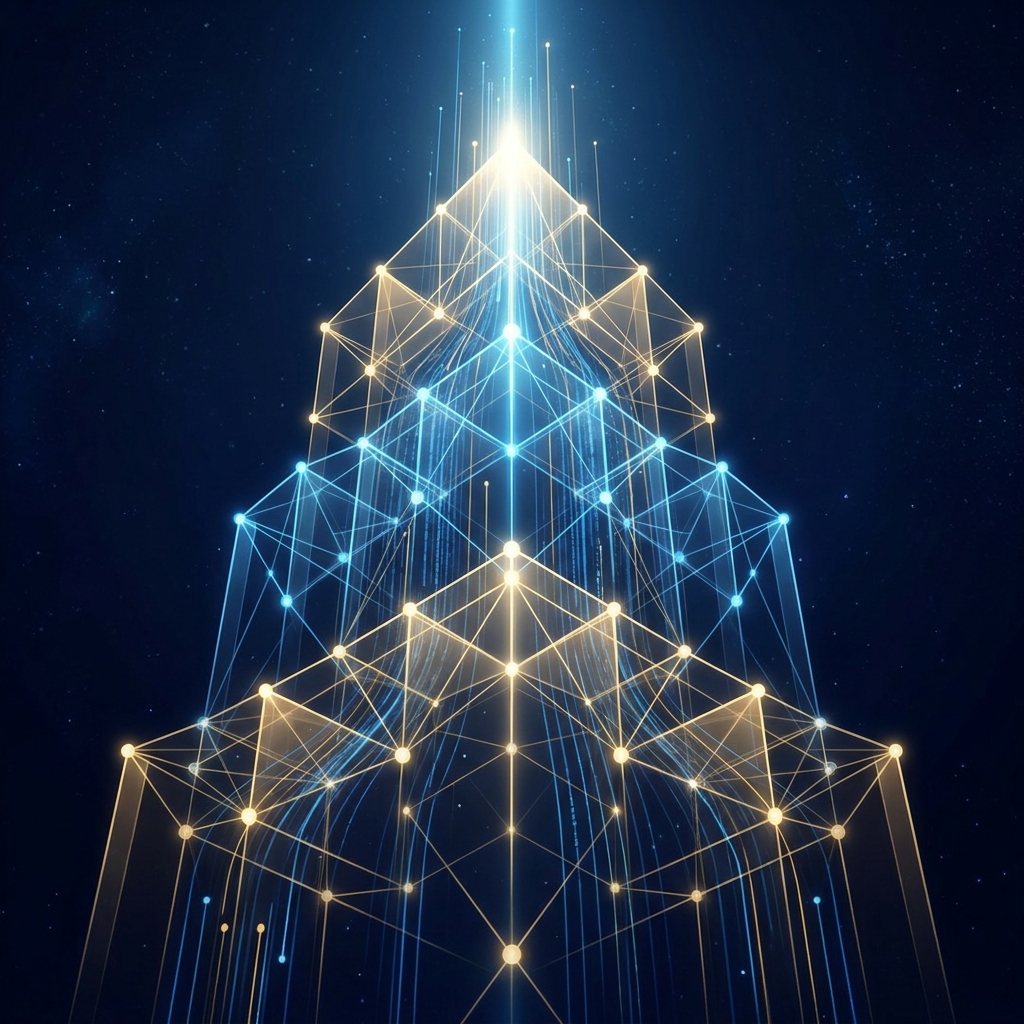 Glowing interconnected authority framework illustration representing E-E-A-T and AI content creation signals