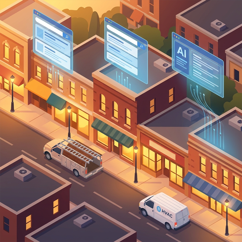 AI overview optimization for local businesses shown as glowing search panels floating above a small-town main street