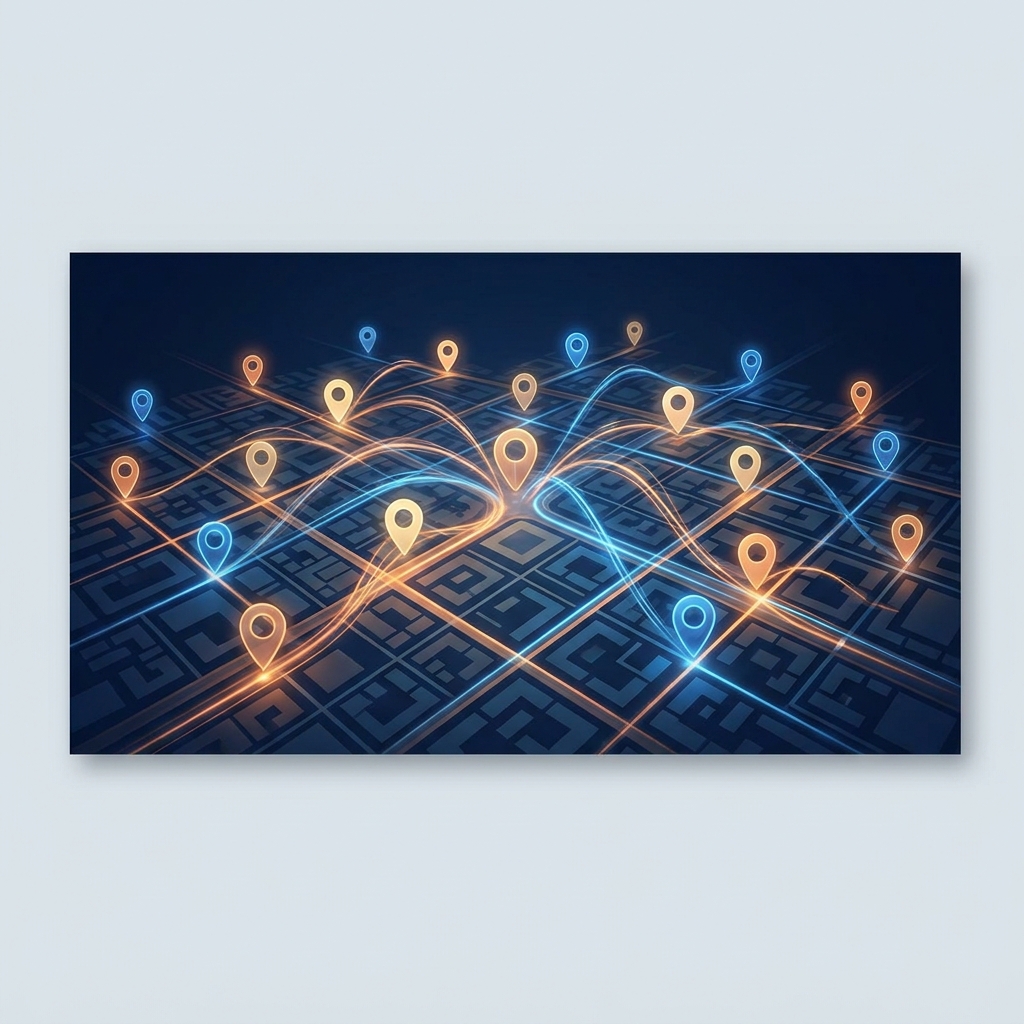 Glowing city map with connected location pins representing automated local SEO for franchise locations at scale
