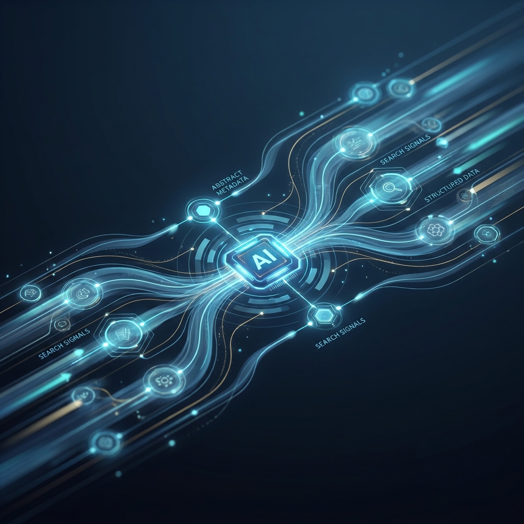 Illustrated AI automation pipeline showing how AI content platforms handle SEO metadata through connected glowing nodes