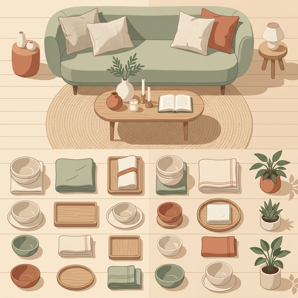 Stylized illustration of layered home goods content architecture for content marketing for home goods brands