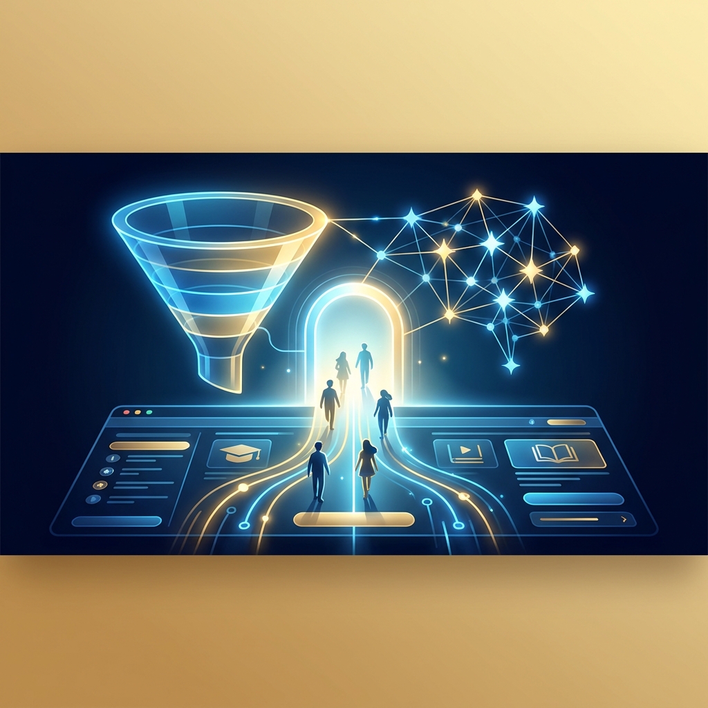 SEO content for online education platforms visualized as an AI-powered enrollment funnel with glowing neural network connections