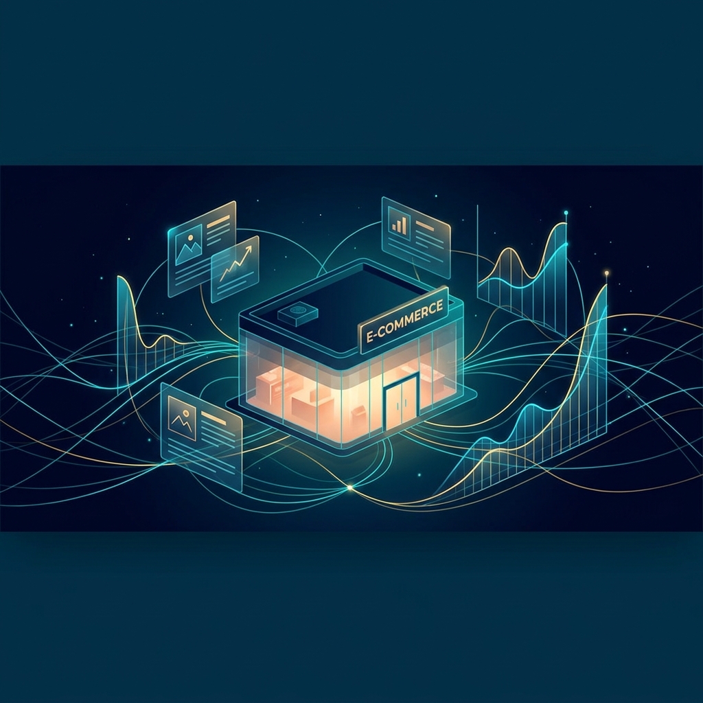 Automated blog content for e-commerce stores illustrated as glowing connected content cards driving traffic growth Automated blog content for e-commerce stores illustrated as glowing connected content cards driving traffic growth