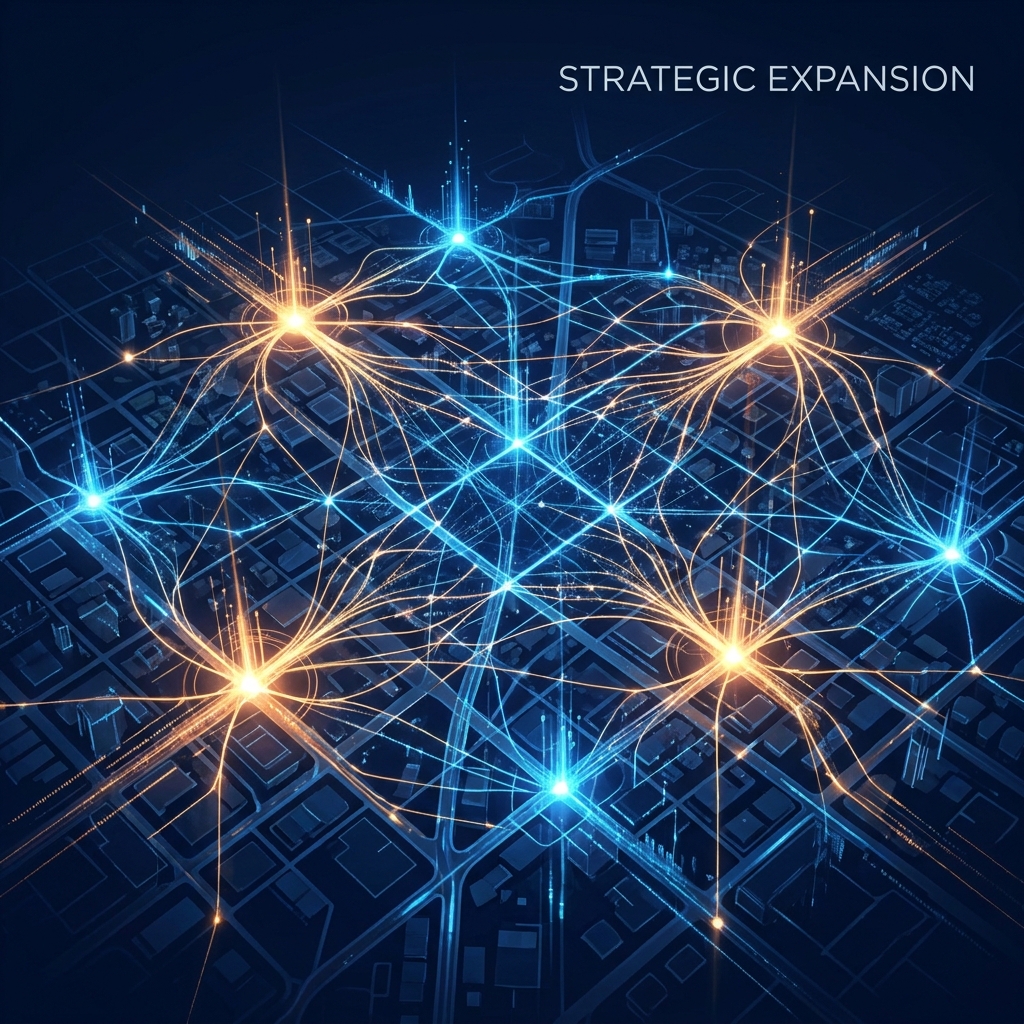 Glowing multi-location network map illustrating an SEO content strategy for multi-location businesses Glowing multi-location network map illustrating an SEO content strategy for multi-location businesses