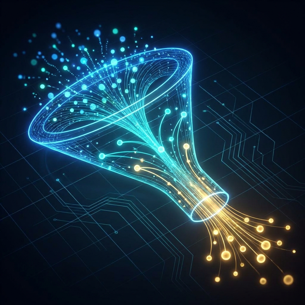 Illuminated full-funnel diagram showing SEO content converting organic traffic into qualified leads