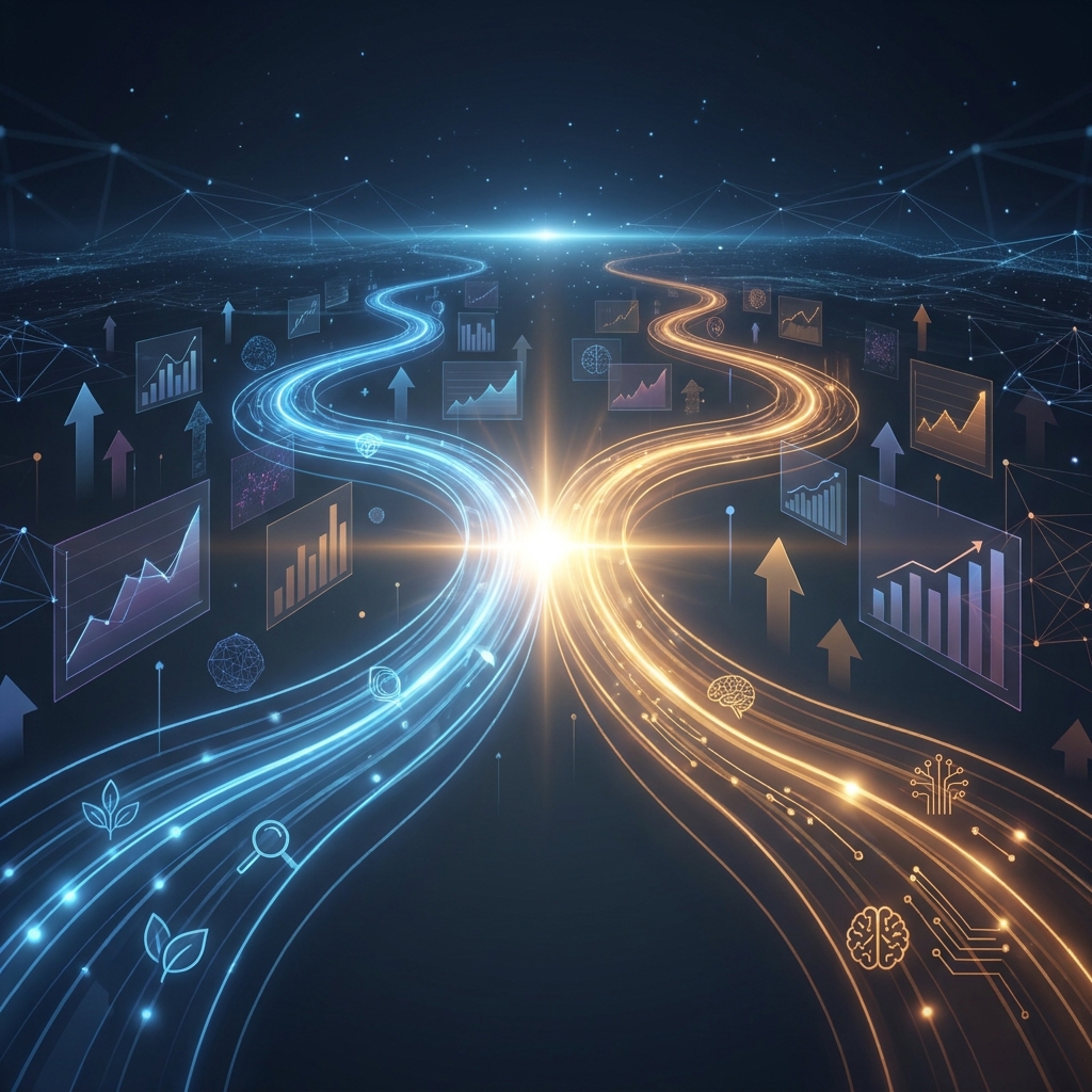 Illustration comparing AI-sourced traffic conversion rates vs organic search as two converging light streams in a data landscape