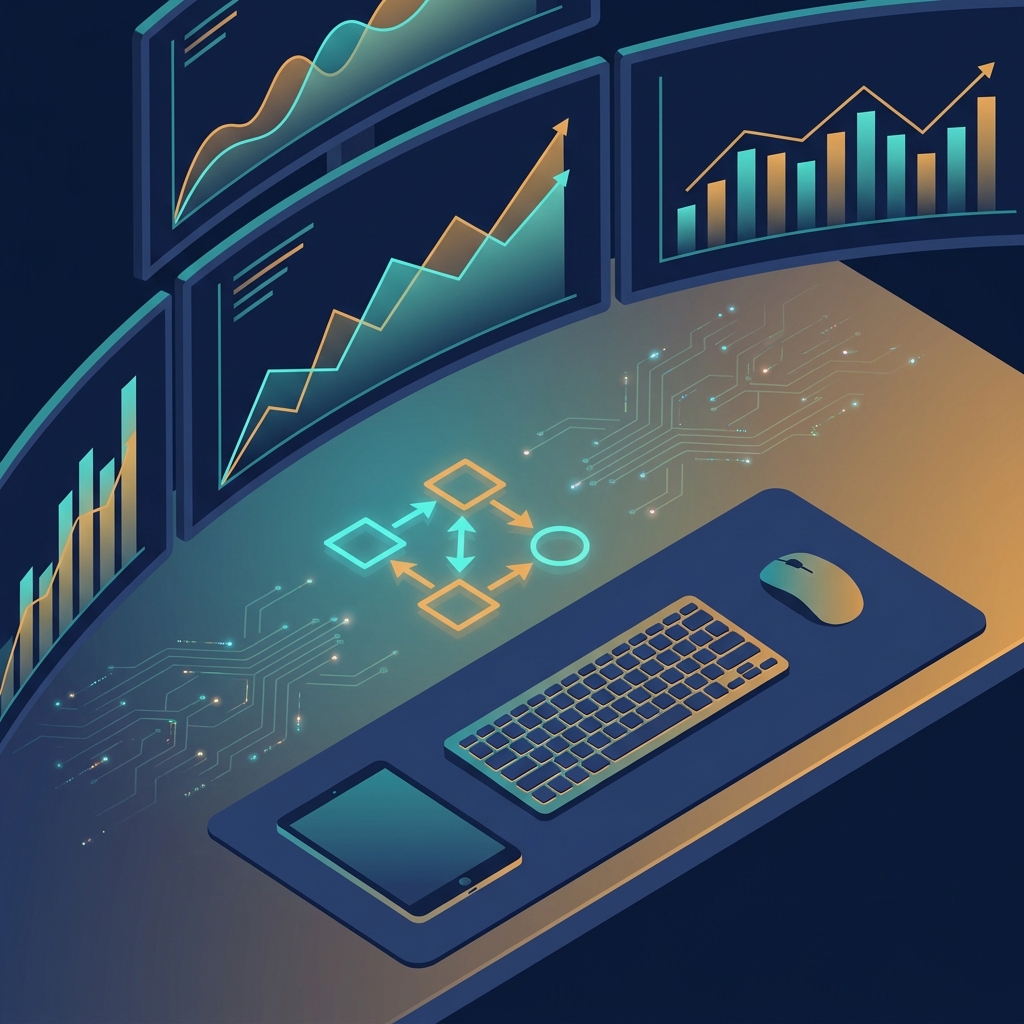 Organized marketing team workspace with AI content automation workflow dashboards and governance framework visuals