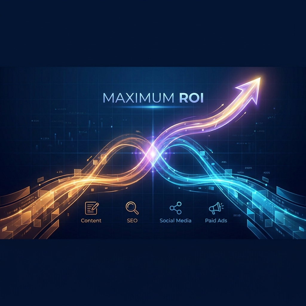 Illustration of two marketing channels converging upward, representing content marketing vs paid advertising for lead generation ROI Illustration of two marketing channels converging upward, representing content marketing vs paid advertising for lead generation ROI