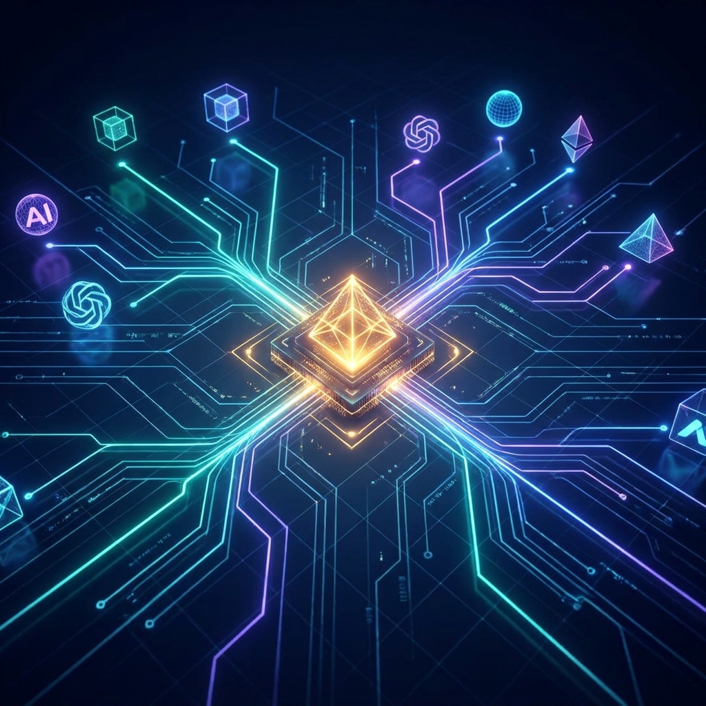 Glowing content node connected to multiple AI platforms, representing AI-driven content discovery optimization strategy