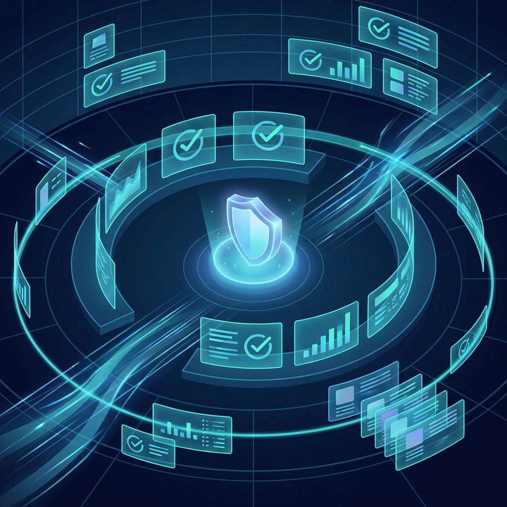 AI content platform for healthcare marketing showing compliant data streams and oversight dashboard in teal and navy AI content platform for healthcare marketing showing compliant data streams and oversight dashboard in teal and navy