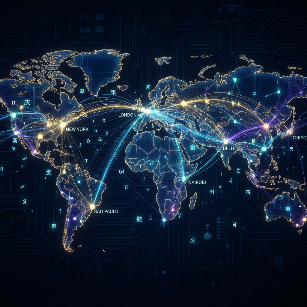 Glowing world map with interconnected nodes illustrating how to publish SEO content in multiple languages automatically
