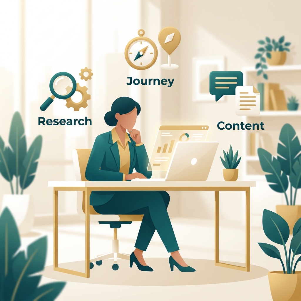 Person researching hair restoration options online, representing the patient journey mapped by content marketing for hair restoration clinics. Person researching hair restoration options online, representing the patient journey mapped by content marketing for hair restoration clinics.