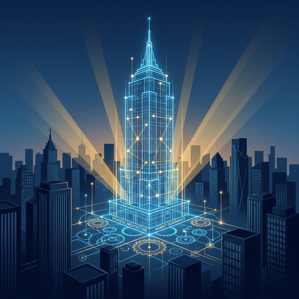 Glowing strategic content architecture towering over a competitive digital cityscape, representing AI content strategy for competitive markets.