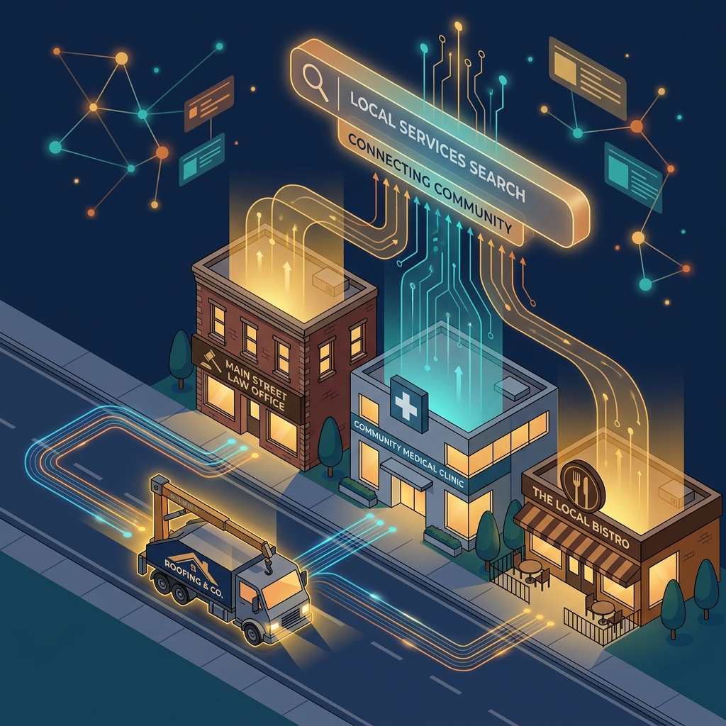 Illustrated local businesses connected by content marketing streams for lead generation across multiple verticals