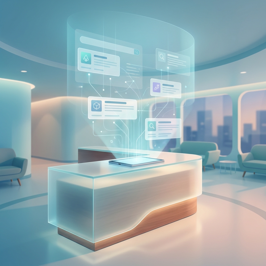 Automated SEO content for healthcare practices shown as glowing data streams rising from a modern clinic tablet