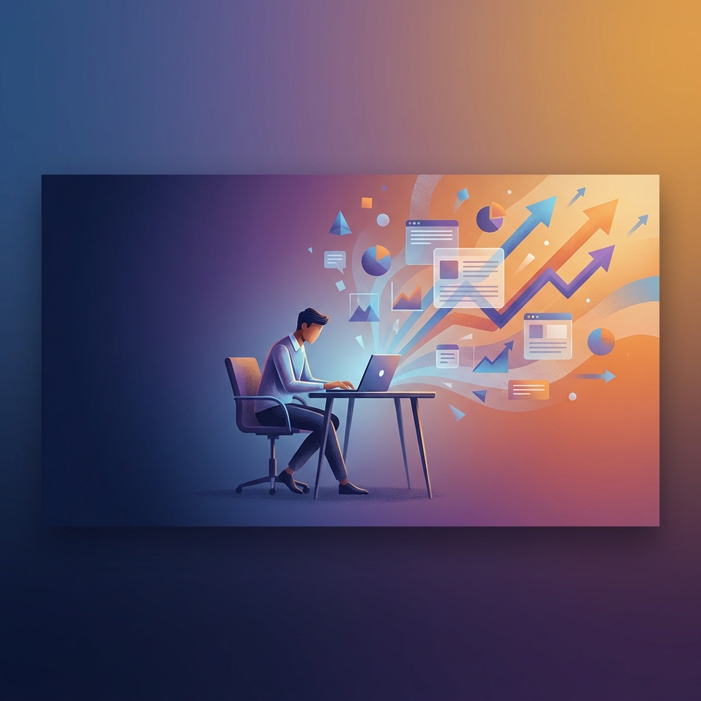 Illustration of lean marketing team achieving content production at scale with AI-powered workflows and rising output metrics