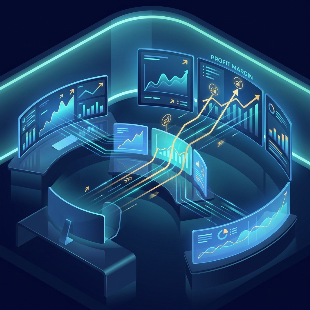 Glowing agency dashboard showing scaled content production metrics and rising profit margins with AI automation