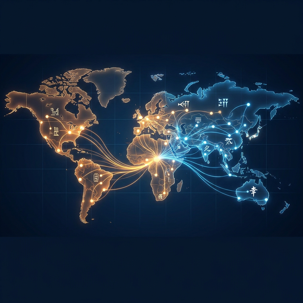 Glowing world map with multilingual data streams representing multilingual SEO content automation for global markets