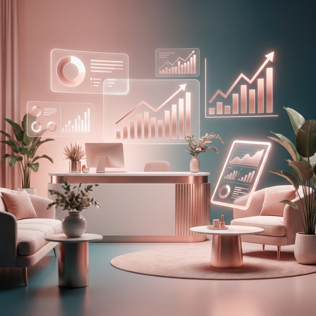 Modern medspa interior with glowing analytics visuals representing SEO content strategy for medspa businesses Modern medspa interior with glowing analytics visuals representing SEO content strategy for medspa businesses