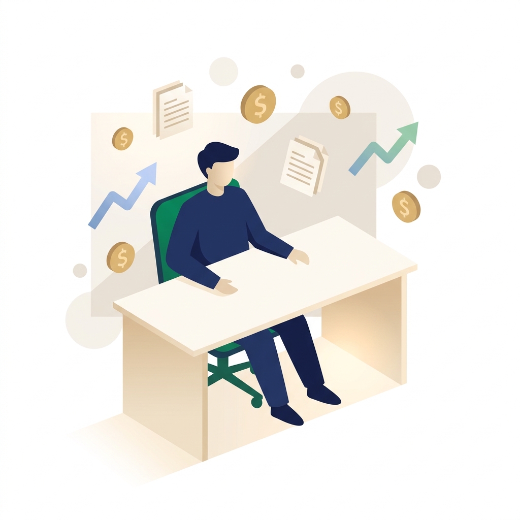 Illustration showing small business owner evaluating SEO content production costs with budget and growth icons