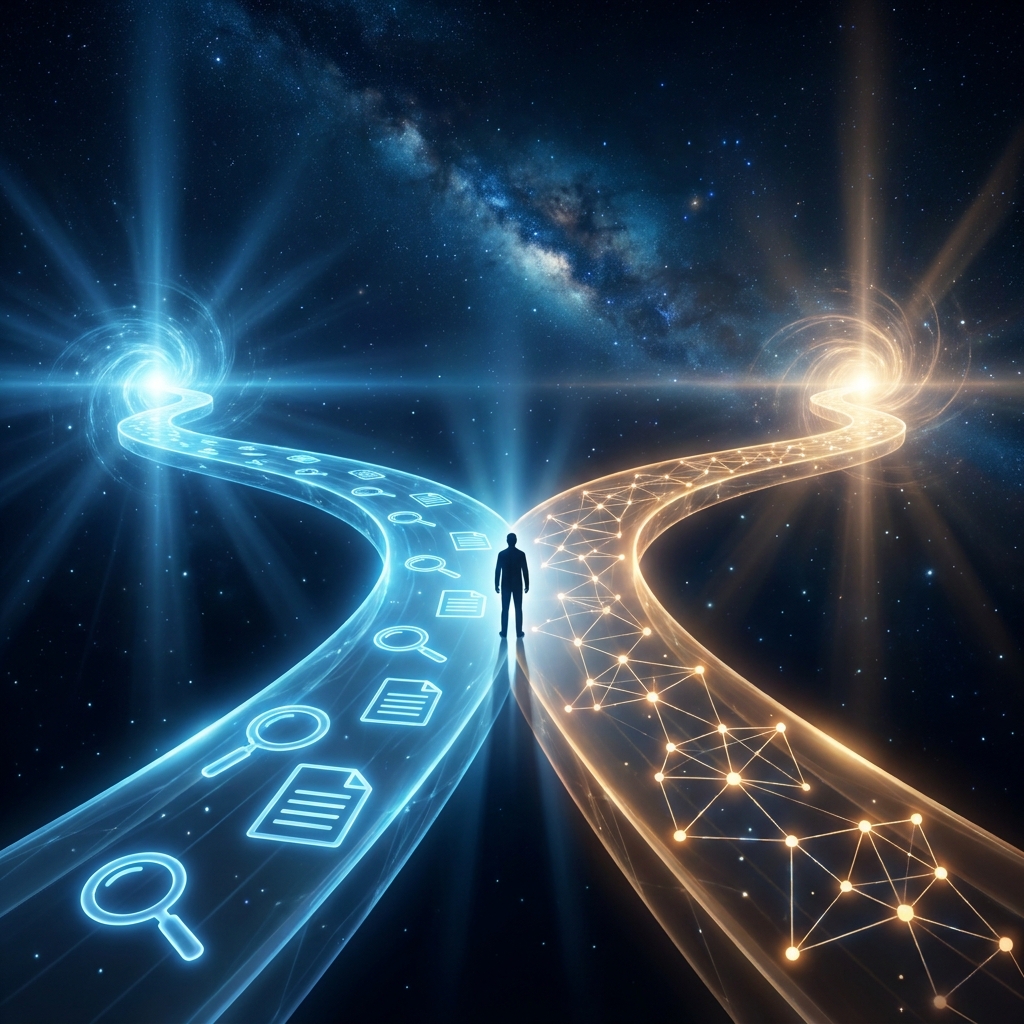 Split digital pathways representing how AI is changing SEO in 2026 with traditional rankings and AI citations diverging Split digital pathways representing how AI is changing SEO in 2026 with traditional rankings and AI citations diverging