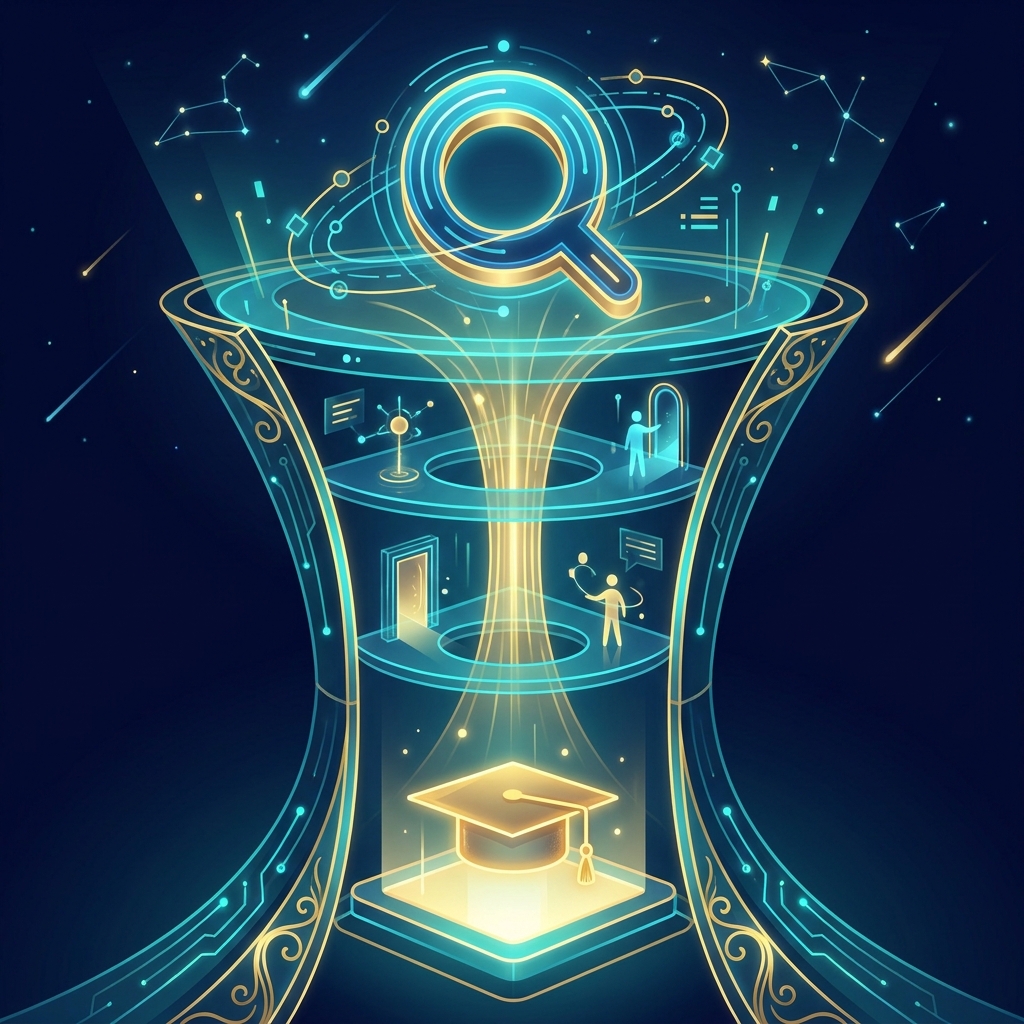 Illustrated enrollment funnel with AI search signals guiding students — SEO content strategy for online course providers Illustrated enrollment funnel with AI search signals guiding students — SEO content strategy for online course providers