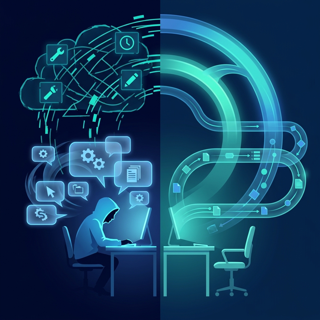 Illustration showing the difference between agentic AI and prompt-based AI tools as contrasting workflow concepts