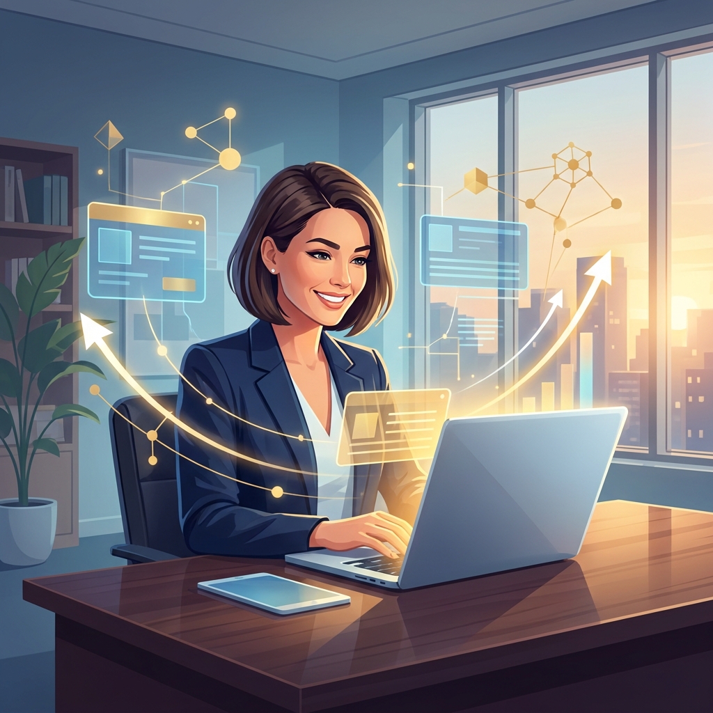 Real estate agent building a content marketing strategy in 2026 with digital growth indicators and connected content nodes