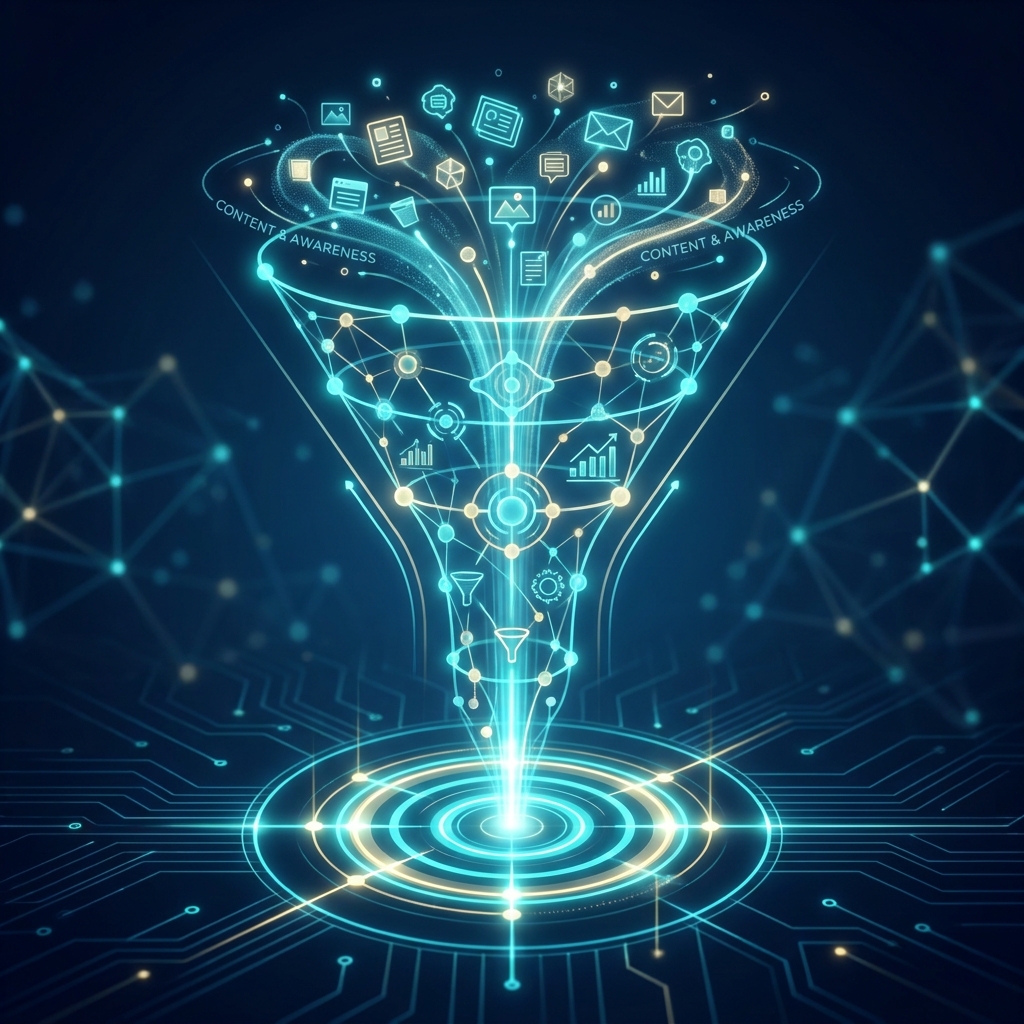 Glowing automated content pipeline funnel illustrating inbound marketing automation for B2B companies